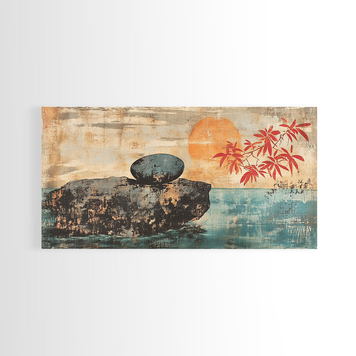 Zen Stone On Sea Cliff At Sunset Canvas Print, Japanese Minimalist Wall Art, Calm Coastal Decor, Spa Home Decor, Living Room Art