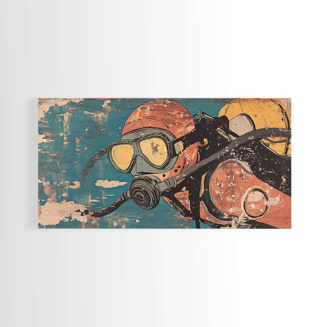 Retro Scuba Mask And Diving Gear Wall Art, Ocean Adventure Print, Nautical Man Cave Decor, Coastal Bathroom Decor, Gift For Him