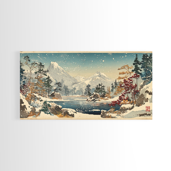Snowy Mountain Lake With Pines And Falling Snow Wall Art, Winter Landscape Print, Japanese Nature Decor For Cabin Home Decor