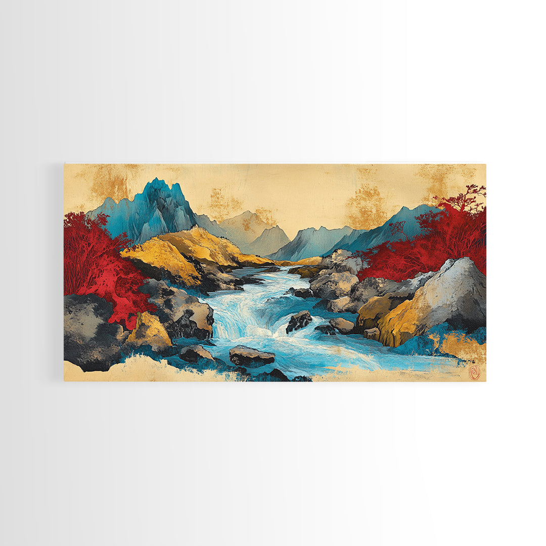 Turquoise Mountain River And Red Autumn Trees Wall Art, Panoramic Landscape Canvas, Modern Nature Decor, Living Room Print
