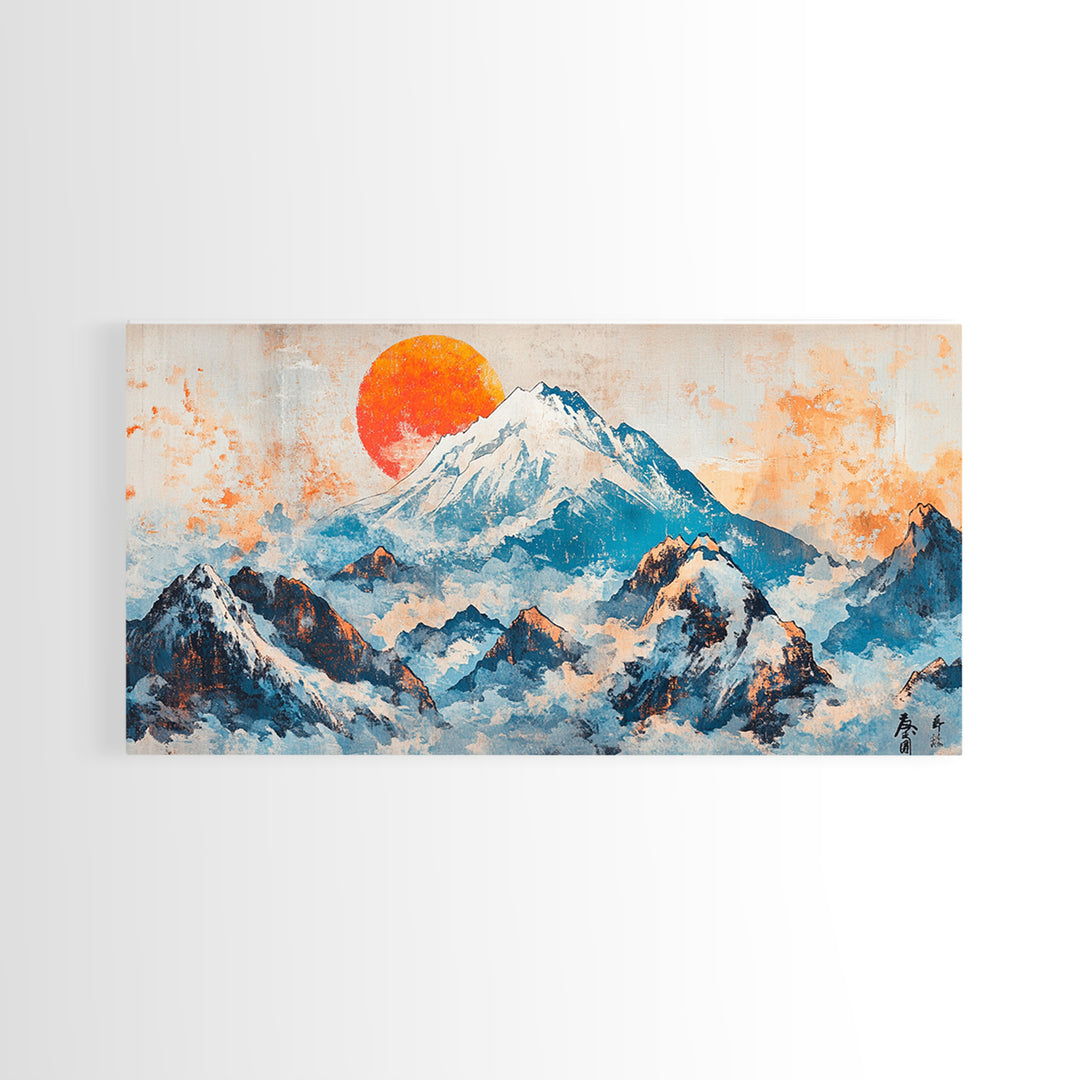 Snowy Blue Mountains And Rising Orange Sun Framed Canvas Print, Japanese Landscape Wall Art, Large Modern Living Room Decor