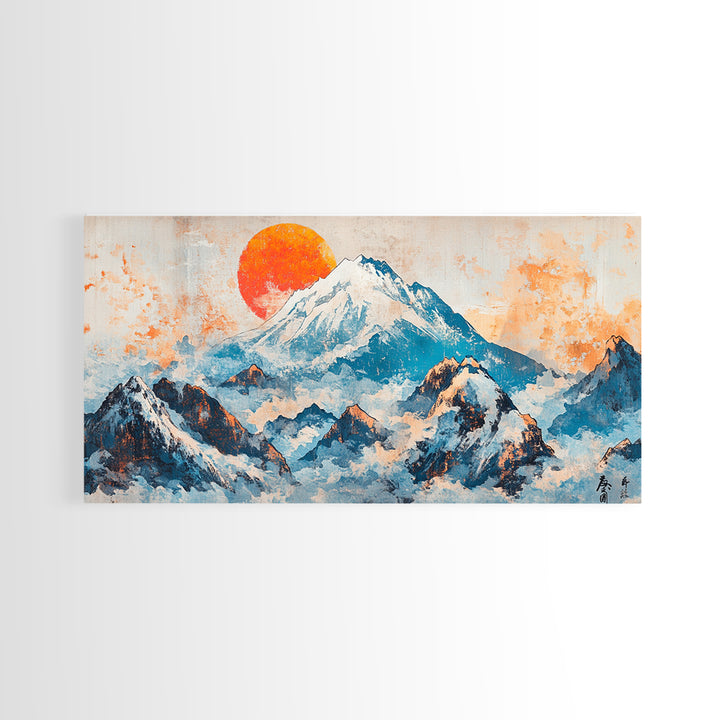 Snowy Blue Mountains And Rising Orange Sun Framed Canvas Print, Japanese Landscape Wall Art, Large Modern Living Room Decor