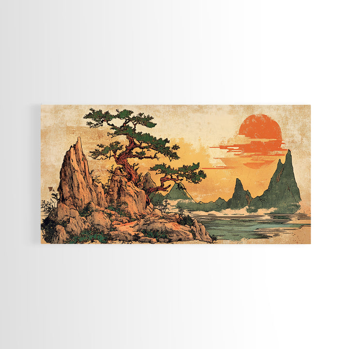 Twisted Pine On Rocky Coast At Sunset Canvas Print, Japanese Landscape Wall Art, Modern Coastal Japandi Living Room Decor