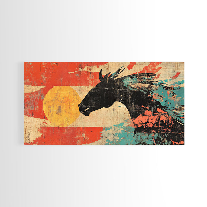 Black Wild Horse Silhouette With Red Sun Wall Art, Western Abstract Canvas Print, Rustic Cowboy Decor For Living Room Gift