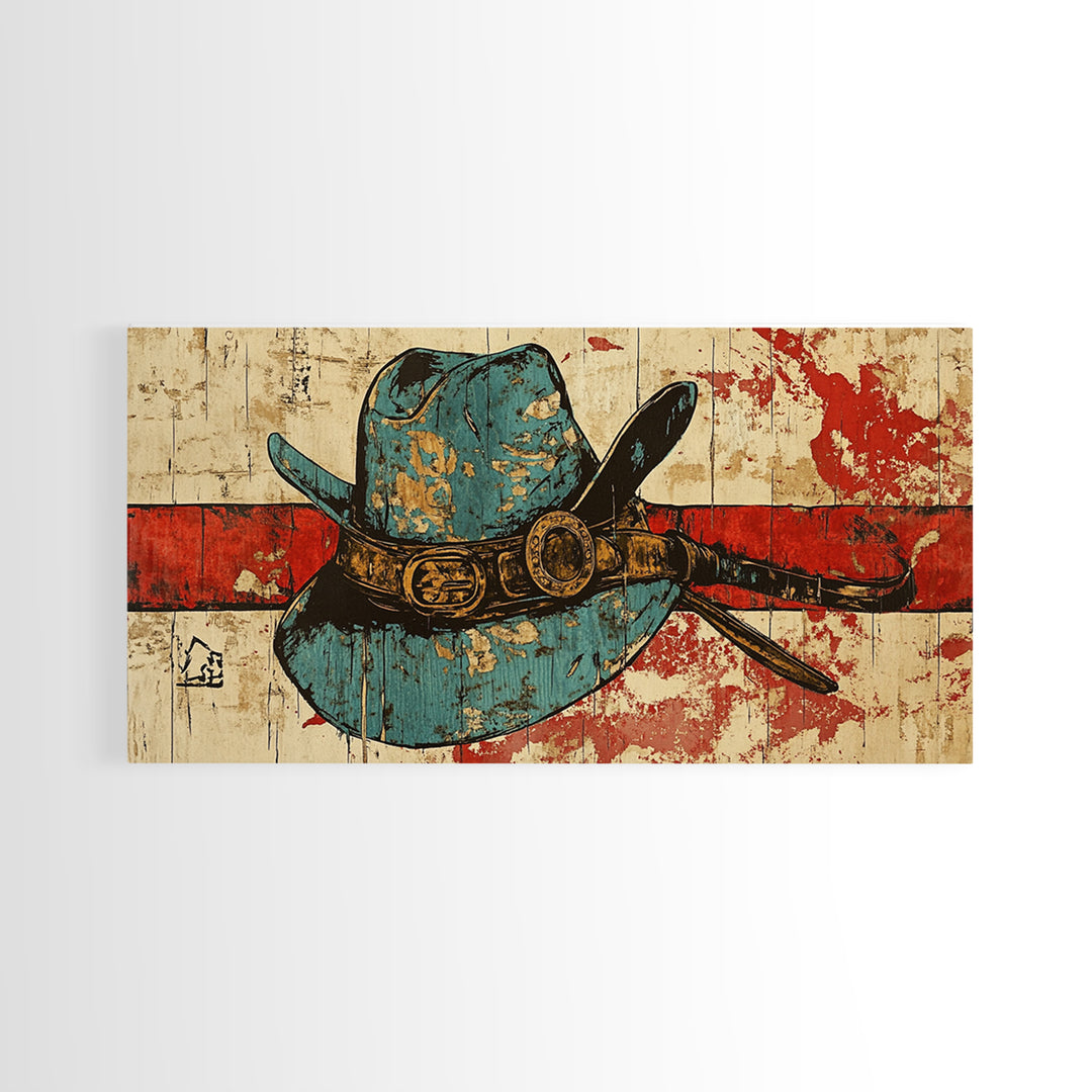 Turquoise Cowboy Hat And Lasso On Rustic Wood Wall Art, Western Canvas Print, Ranch Living Room Decor, Gift For Horse Lover