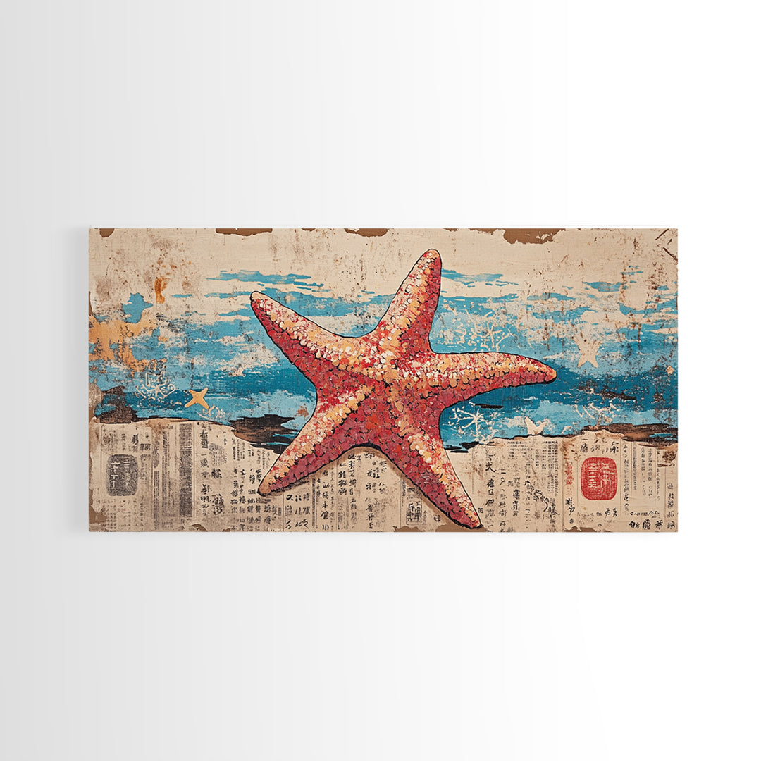 Pink Starfish On Weathered Ocean Pages Wall Art, Coastal Canvas Print, Beach House Living Room Decor, Nautical Bathroom Art