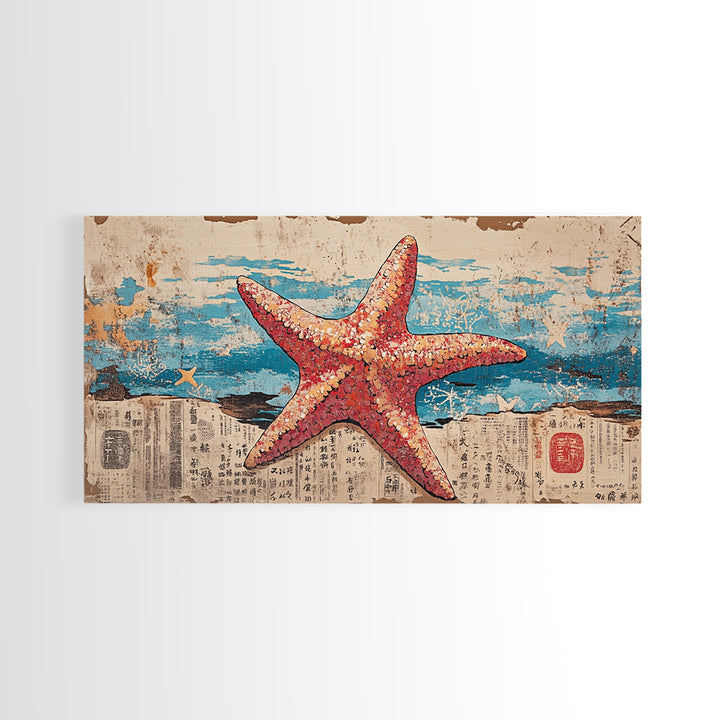 Pink Starfish On Weathered Ocean Pages Wall Art, Coastal Canvas Print, Beach House Living Room Decor, Nautical Bathroom Art
