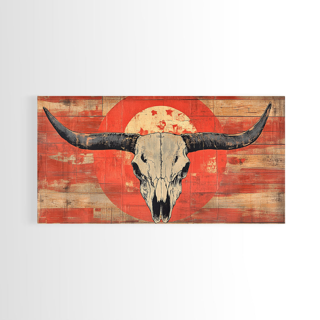Longhorn Skull On Distressed Red Wood Wall Art, Western Framed Canvas Print, Rustic Cowboy Ranch Home Decor For Living Room
