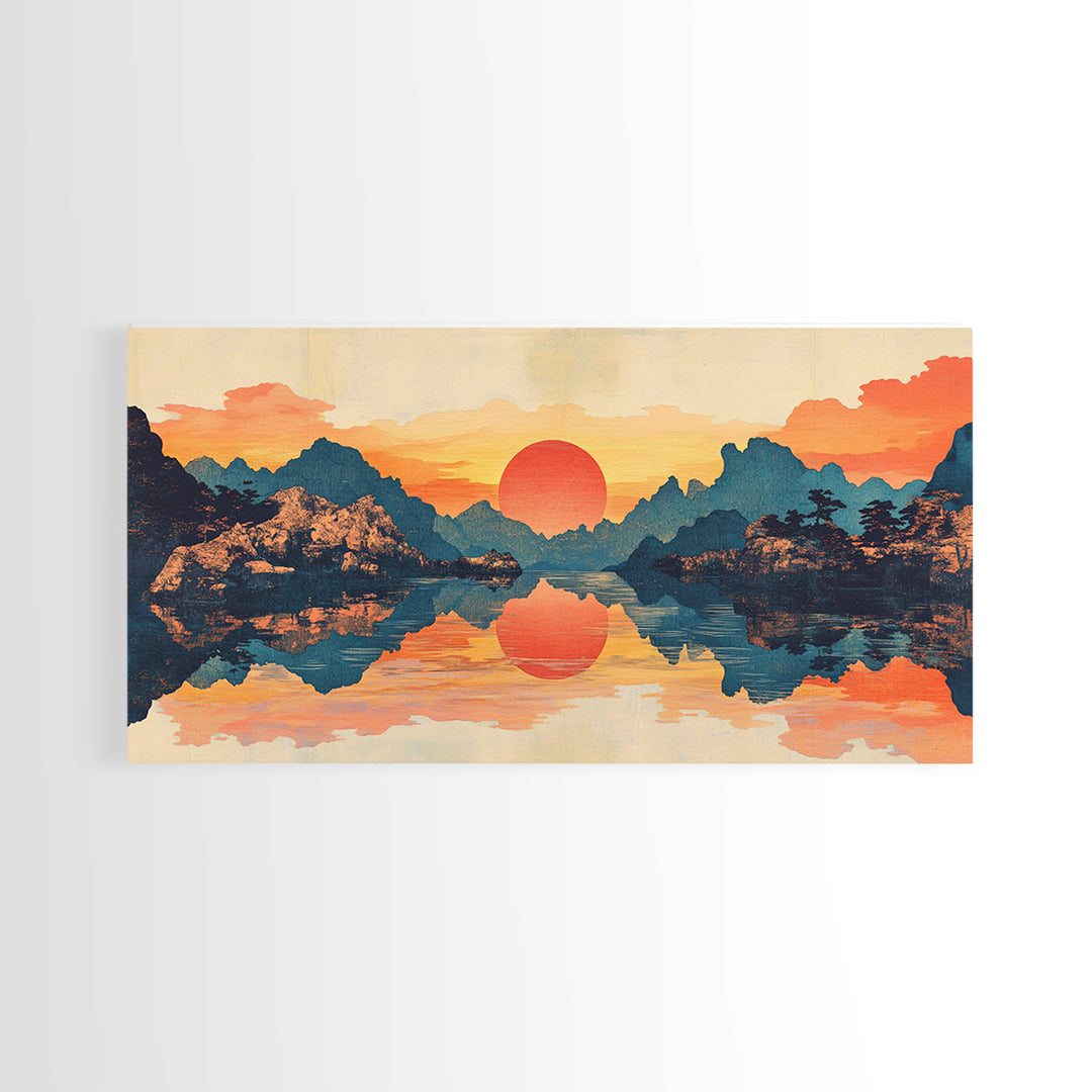 Red Sun Mountain Lake Reflection Wall Art, Japanese Landscape Print, Panoramic Canvas, Serene Living Room Decor, Above Sofa Decor