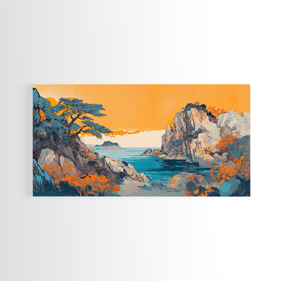 Orange Sky Rocky Coast Canvas Print, Japanese Seascape Wall Art, Coastal Landscape, Beach House Living Room Decor, Above Sofa Decor