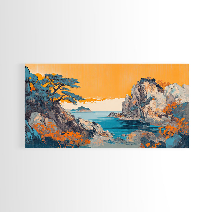 Orange Sky Rocky Coast Canvas Print, Japanese Seascape Wall Art, Coastal Landscape, Beach House Living Room Decor, Above Sofa Decor