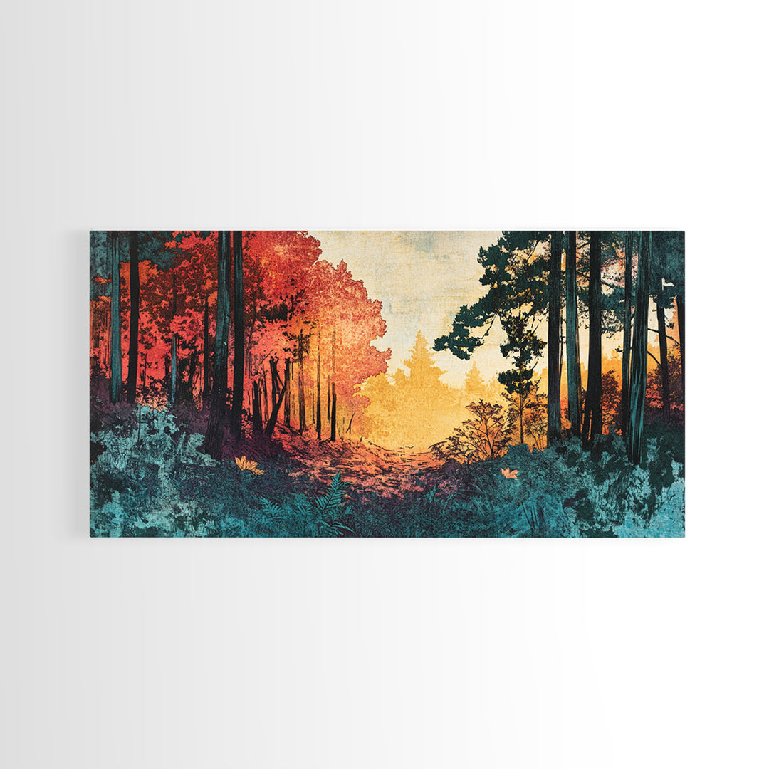 Autumn Forest Path Wall Art, Moody Landscape Canvas Print, Red Trees Nature Decor, Rustic Cabin Living Room Wall Decor Gift