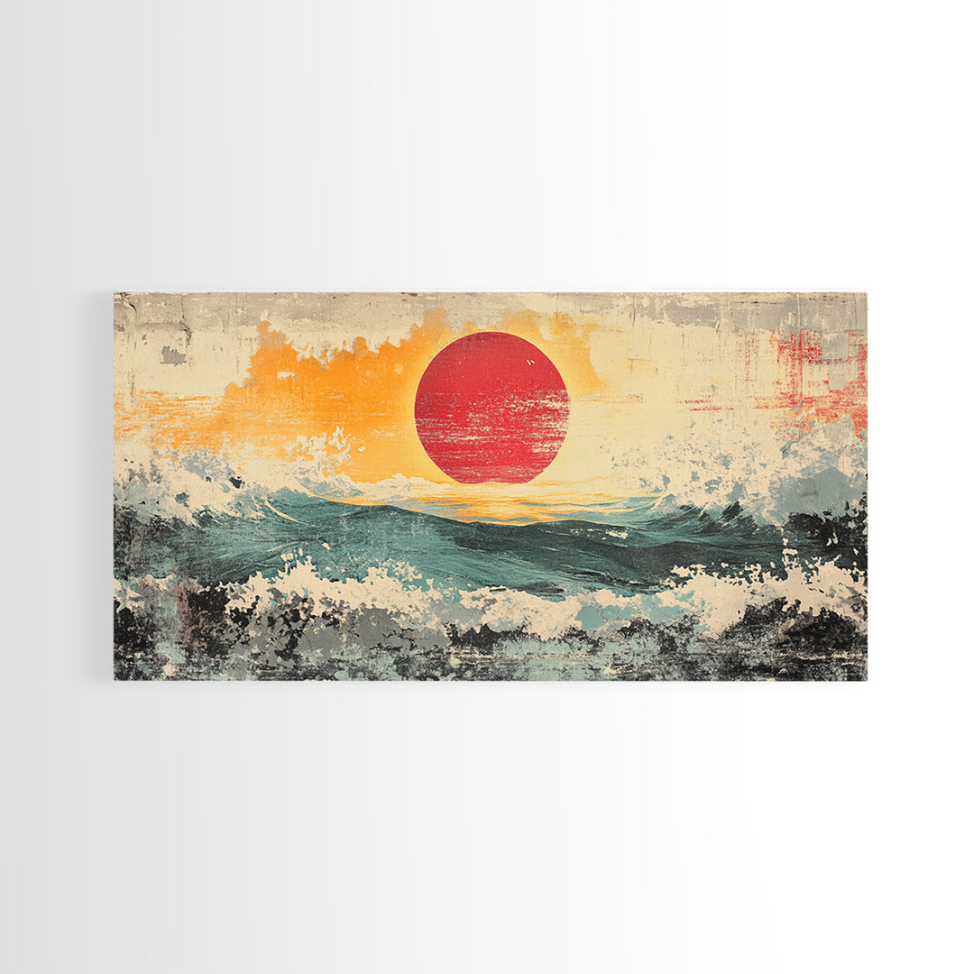 Abstract Red Sun Seascape Wall Art, Ocean Wave Canvas Print, Coastal Modern Decor, Large Living Room Wall Decor, Above Sofa Decor