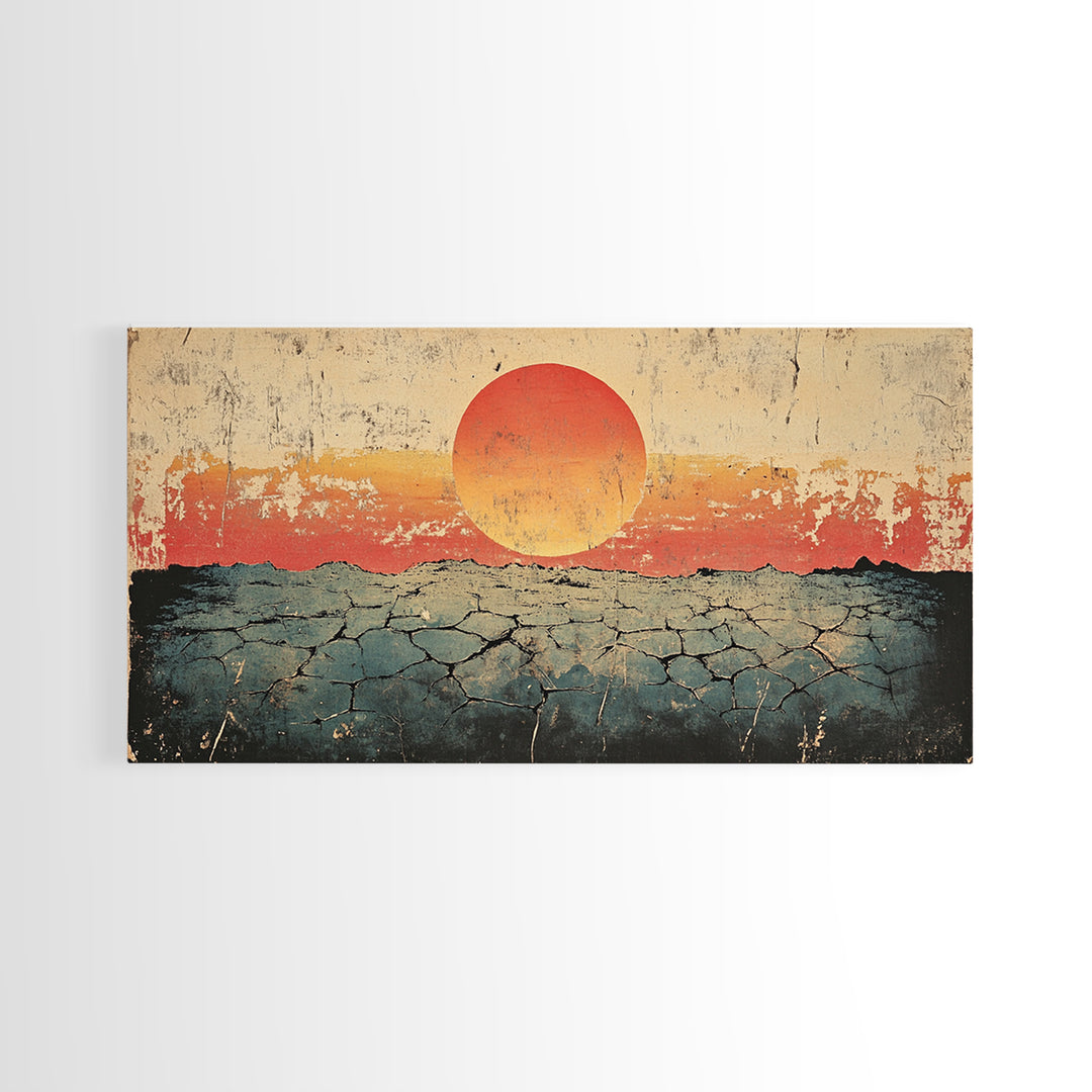 Cracked Desert Red Sun Wall Art, Southwestern Canvas Print, Minimal Landscape, Earth Tone Modern Living Room Decor, Housewarming Gift