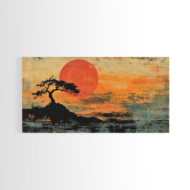 Solitary Tree Sunset Wall Art, Japanese Landscape Print, Moody Orange Coastal Decor, Panoramic Canvas Print For Living Room