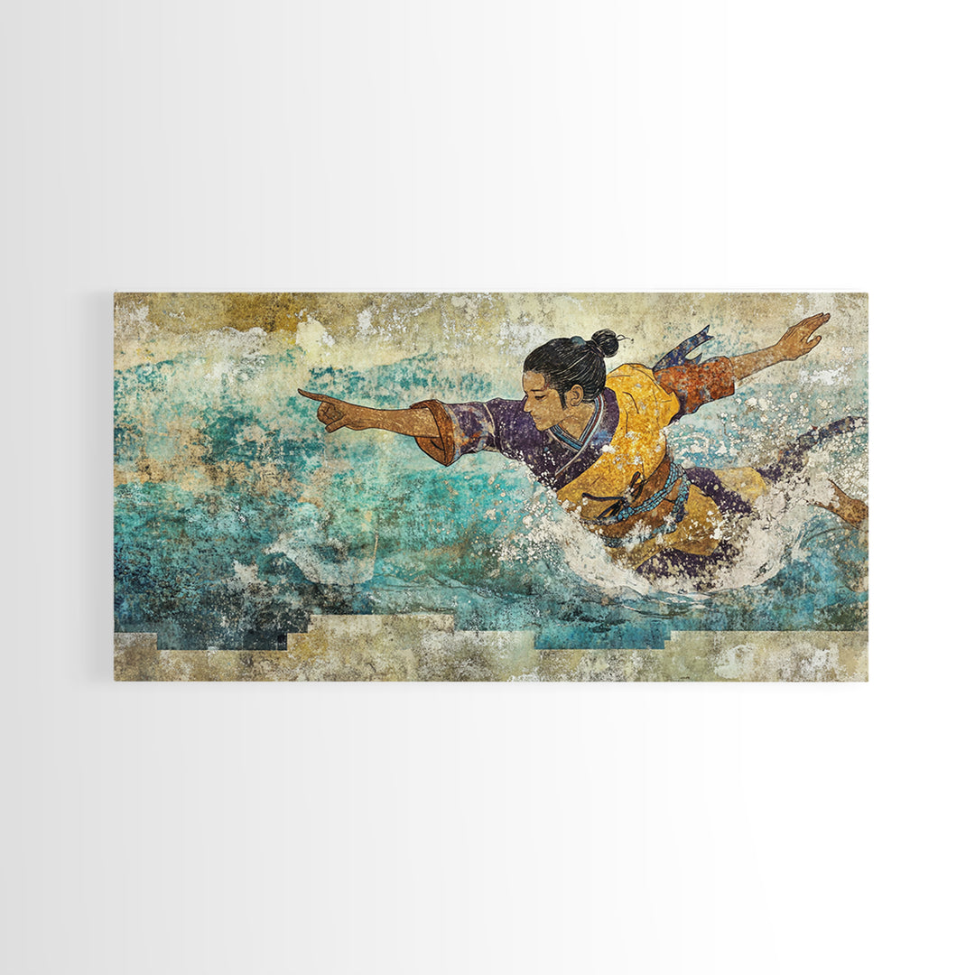 Japanese Warrior Swimming In Turquoise Waves Canvas Print, Asian Inspired Wall Decor, Martial Arts Gift, Coastal Home Decor
