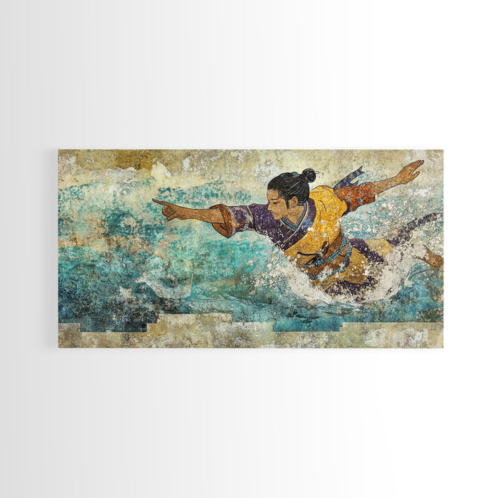 Japanese Warrior Swimming In Turquoise Waves Canvas Print, Asian Inspired Wall Decor, Martial Arts Gift, Coastal Home Decor