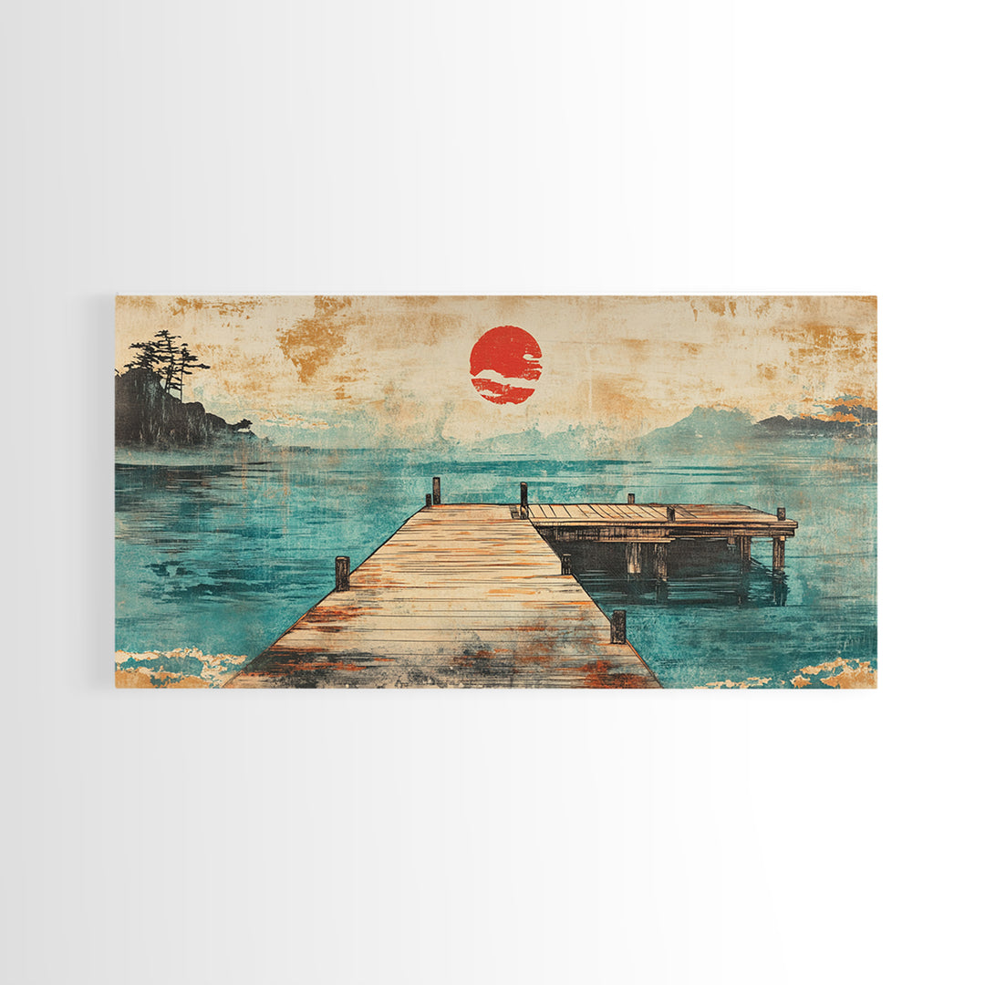 Quiet Dock On Misty Lake Wall Art, Japanese Red Sun Landscape Print, Coastal Cabin Decor, Serene Living Room Art, Housewarming Gift