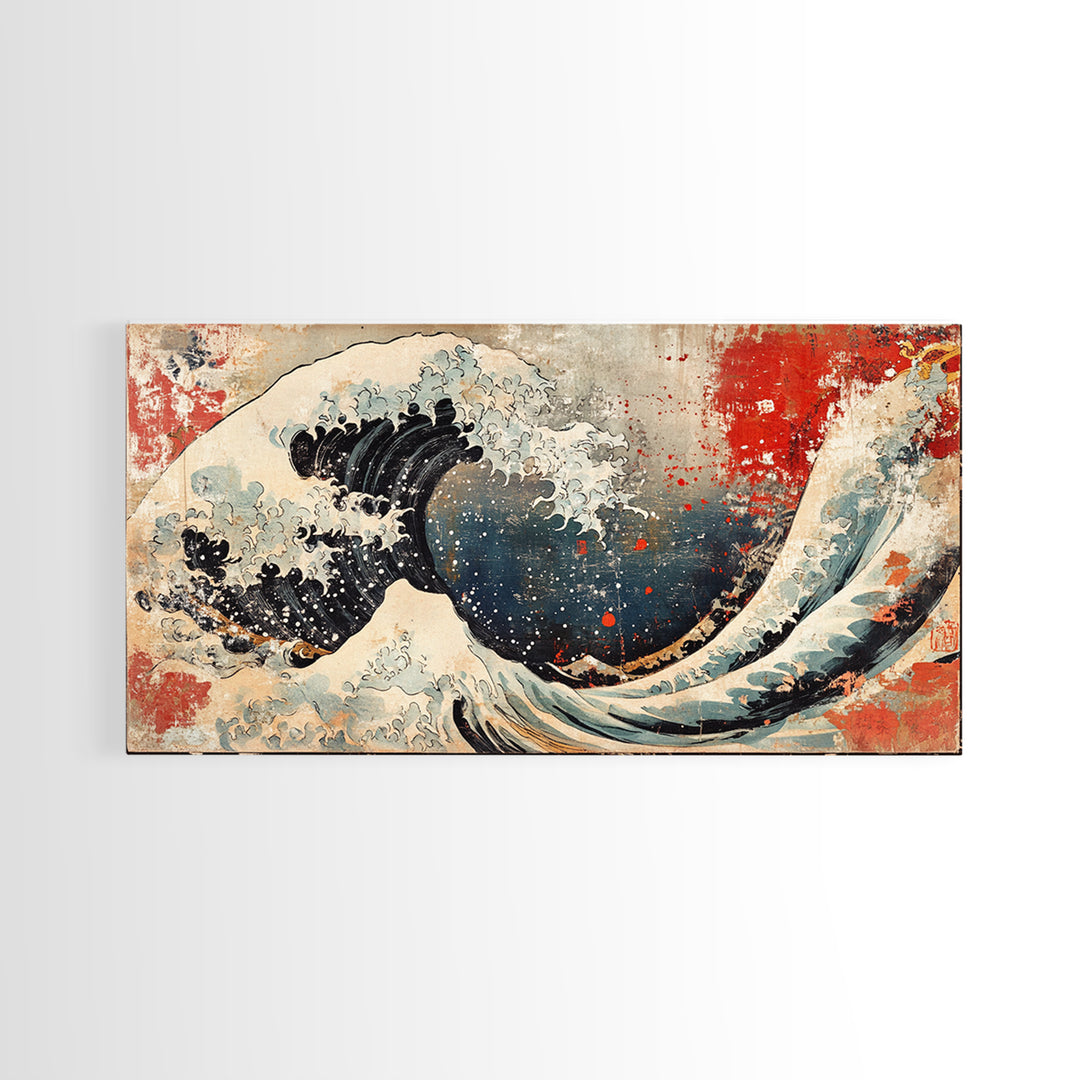 Great Wave With Red Sun Canvas Print, Japanese Ocean Wall Art, Hokusai Inspired Seascape, Coastal Living Room Decor Gift
