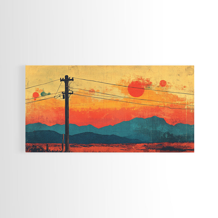 Telephone Poles At Orange Desert Sunset Wall Art, Retro Japanese Landscape Print, Mountain Decor, Mid Century Canvas Print