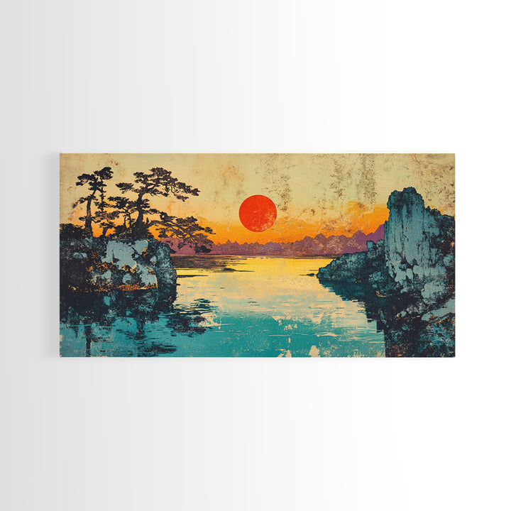 Red Sun Lake Between Pine Cliffs Wall Art, Japanese Landscape Canvas Print, Serene Nature Decor, Coastal Living Room Gift