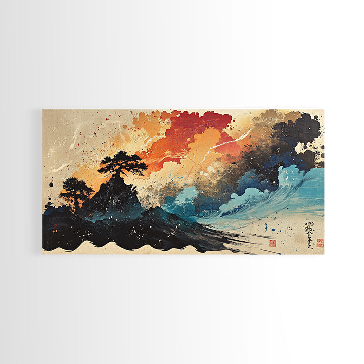 Stormy Island Waves And Red Clouds Wall Art, Japanese Ink Seascape Print, Moody Coastal Decor, Dramatic Canvas Print Gift