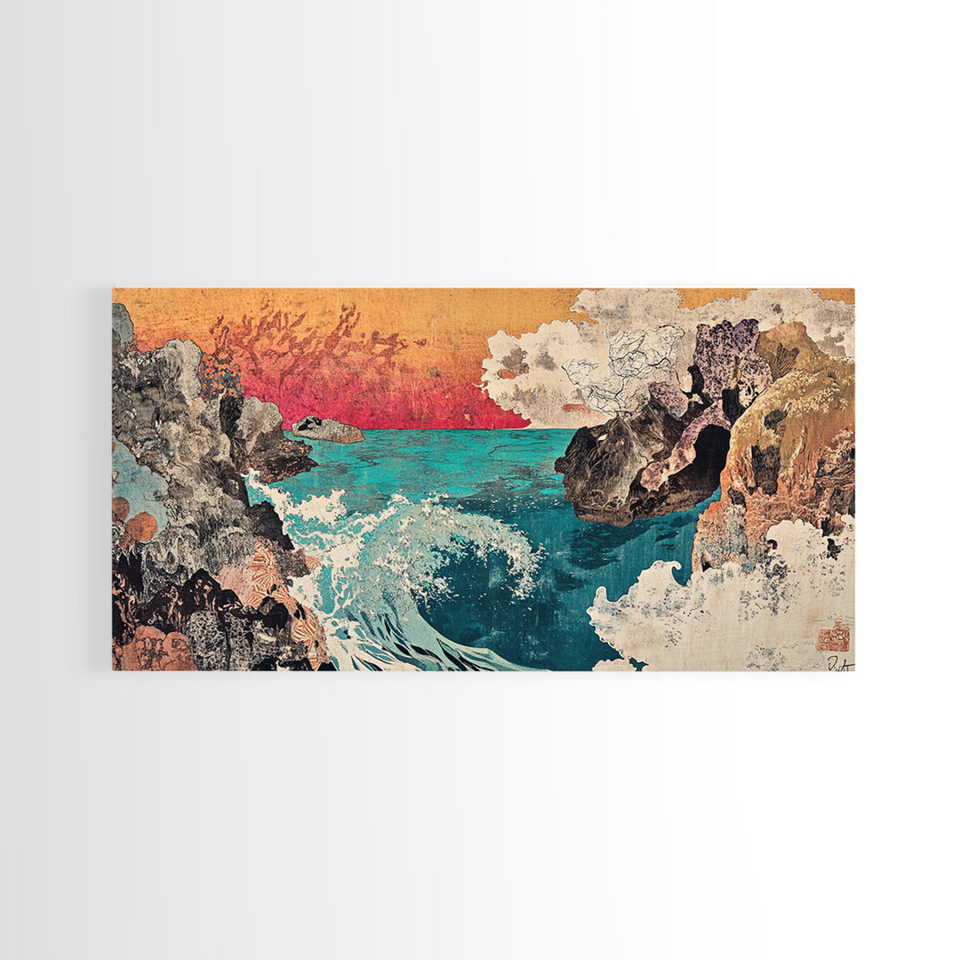Rocky Cove With Turquoise Surf Wall Art, Japanese Coastal Seascape Print, Ocean Landscape Decor, Large Canvas Print Gift