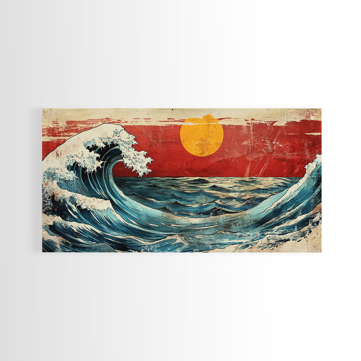 Rolling Ocean Wave Under Yellow Sun Canvas Print, Japanese Seascape Wall Art, Coastal Living Room Decor, Beach House Gift