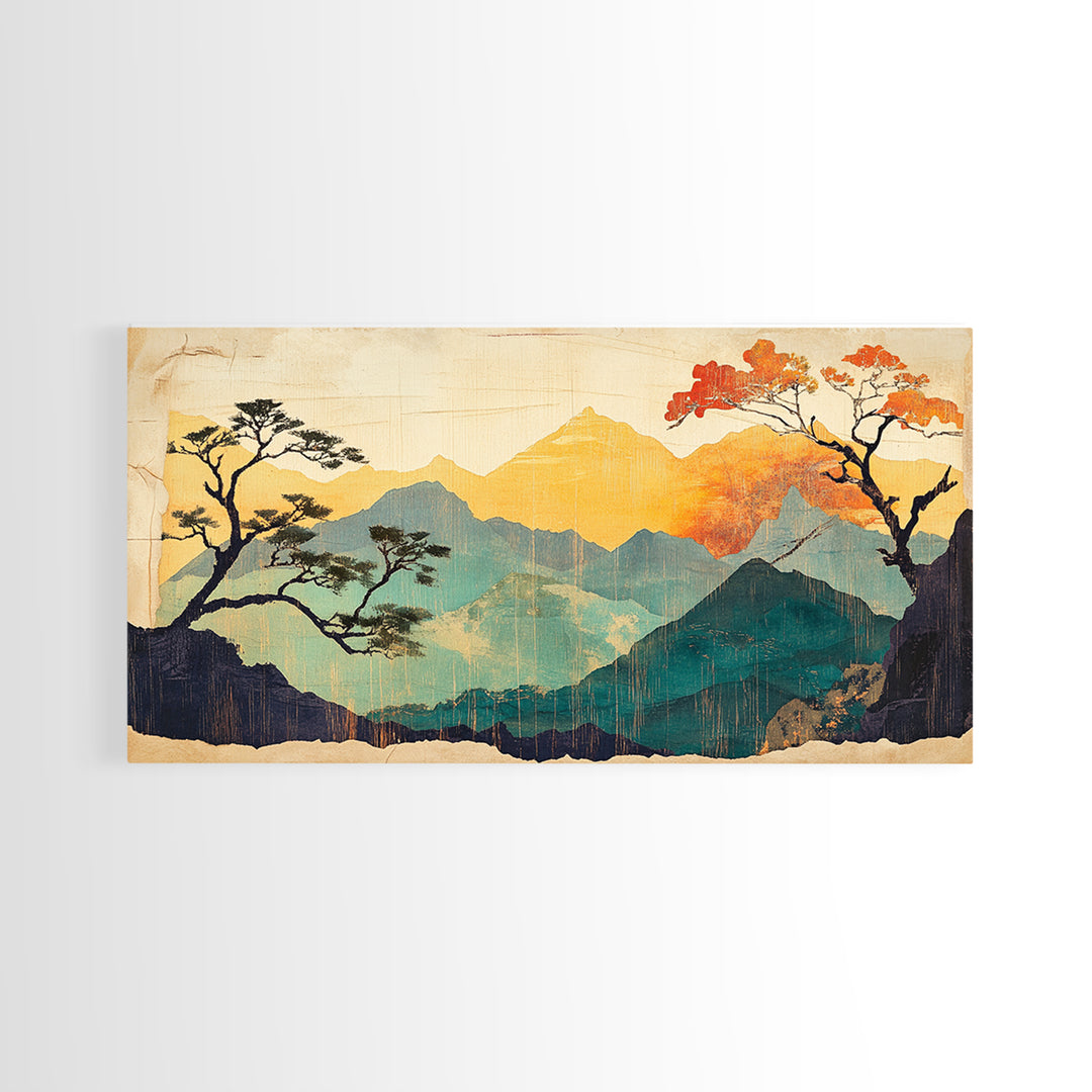 Golden Mountain Sunrise With Autumn Trees Wall Art, Japandi Landscape Canvas Print, Nature Decor For Calm Living Room And Bedroom Decor