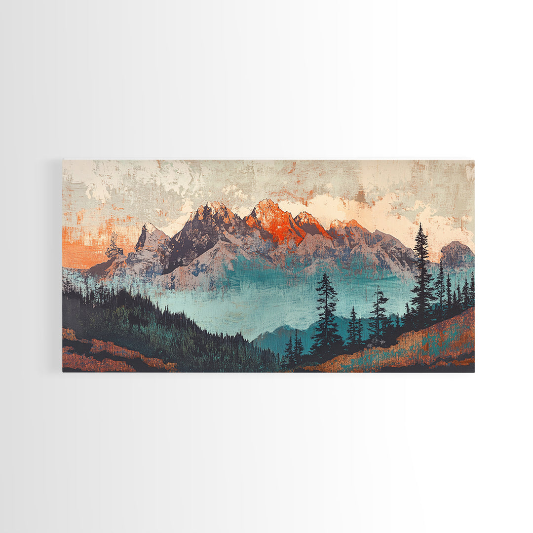 Snowy Mountain Peaks And Pine Forest Wall Art, Rustic Landscape Framed Canvas Print, Large Nature Decor For Living Room Art
