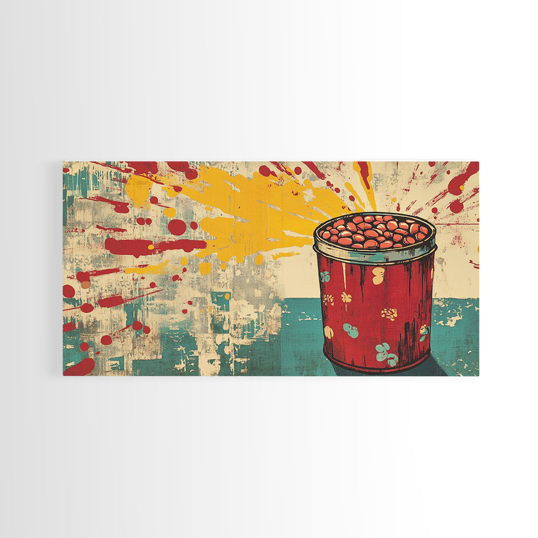 Retro Red Tin Of Beans With Yellow Paint Splashes Wall Art, Pop Art Canvas Print, Fun Kitchen Decor For Dining Room Poster