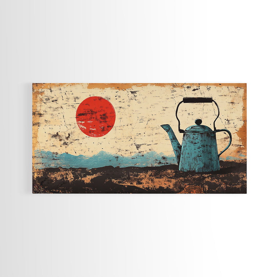 Blue Enamel Teapot Under Red Sun Wall Art, Japanese Minimalist Canvas Print, Rustic Kitchen Decor For Tea Lovers And Home Decor