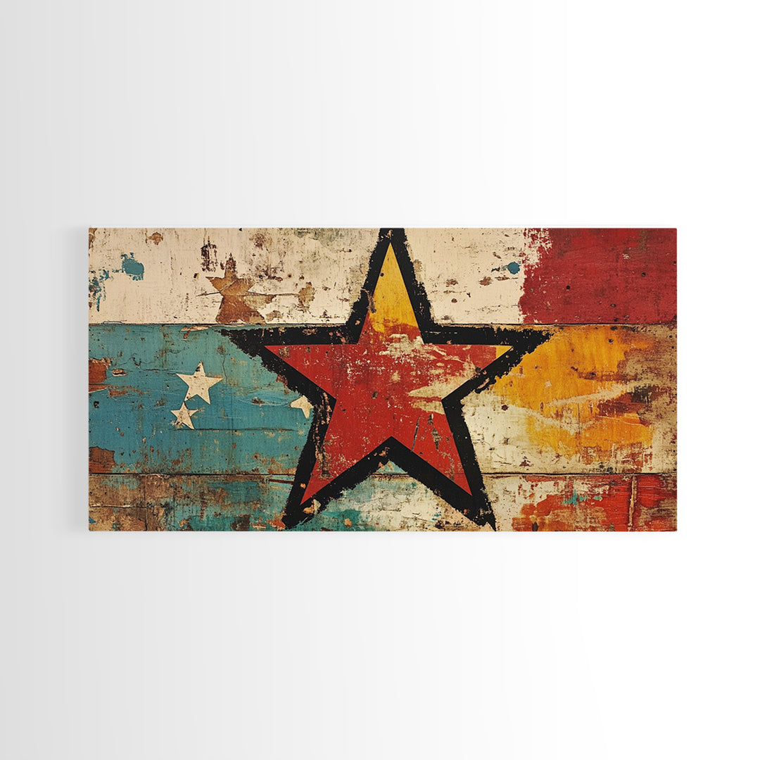 Distressed Red Star On Teal And Gold Abstract Wall Art, Retro Americana Canvas Print, Bold Rustic Home Decor For Man Cave Or Office