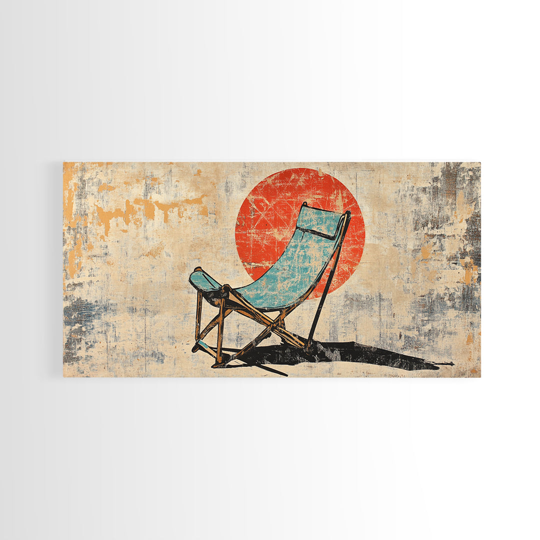 Turquoise Beach Chair In Front Of Red Sun Wall Art, Retro Coastal Canvas Print, Summer Beach House Decor For Patio And Living Room
