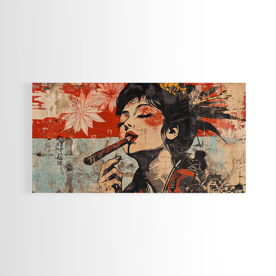 Glamorous Geisha Woman Smoking Cigar Wall Art, Japanese Pop Art Canvas Print, Bold Feminine Decor For Lounge And Living Room