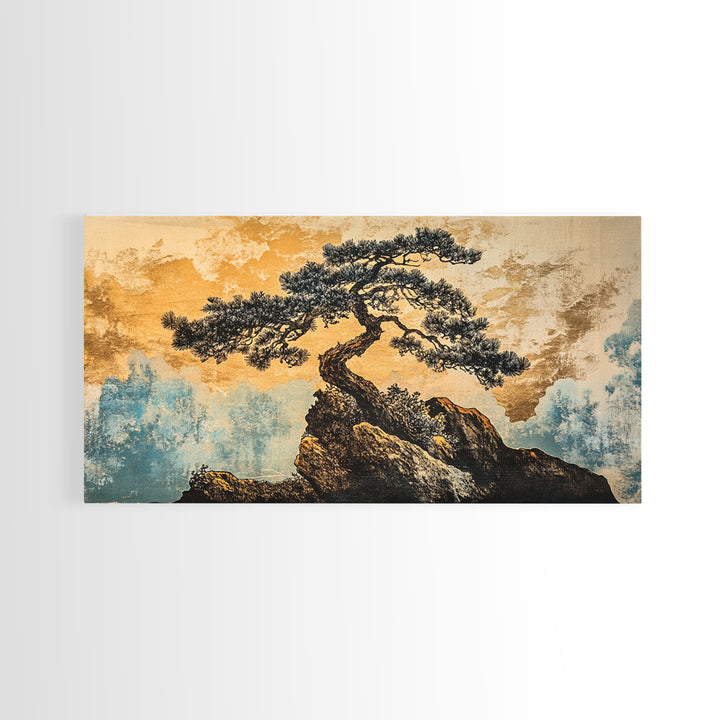 Twisted Bonsai On Golden Cliff Wall Art, Japanese Zen Landscape Print, Asian Inspired Decor, Teal Gold Living Room Art Print