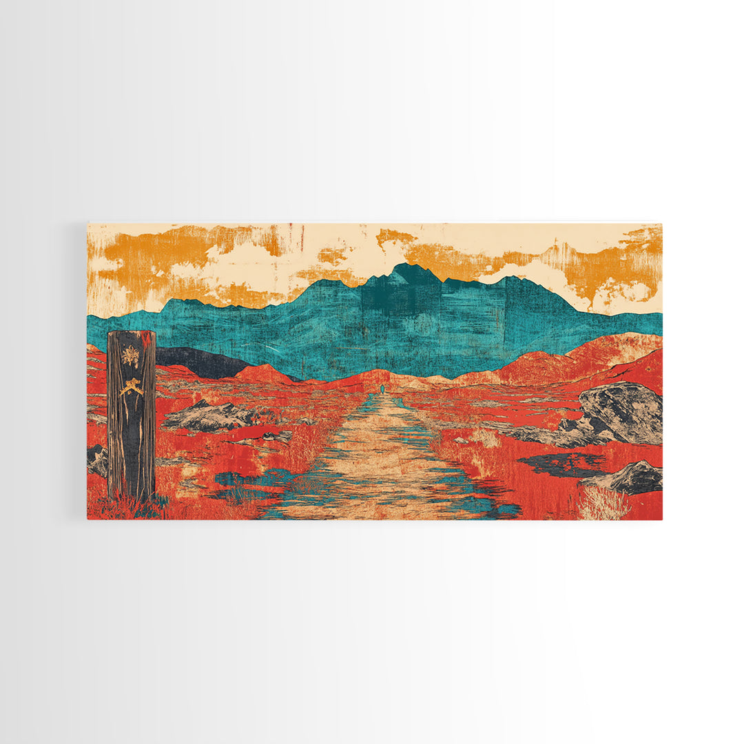 Red Desert Road To Turquoise Mountains Canvas Print, Southwestern Landscape Art, Boho Western Decor, Large Living Room Wall Art
