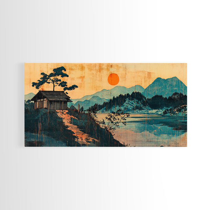 Lakeside Cabin With Red Sun Wall Art, Japanese Mountain Landscape Print, Japandi Decor, Serene Living Room Canvas Art Print