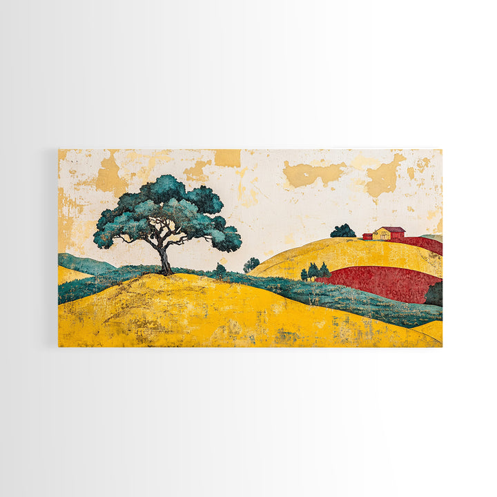 Lone Tree On Golden Rolling Hills Canvas Print, Rustic Country Landscape Art, Farmhouse Wall Decor, Warm Home Decor Wall Art