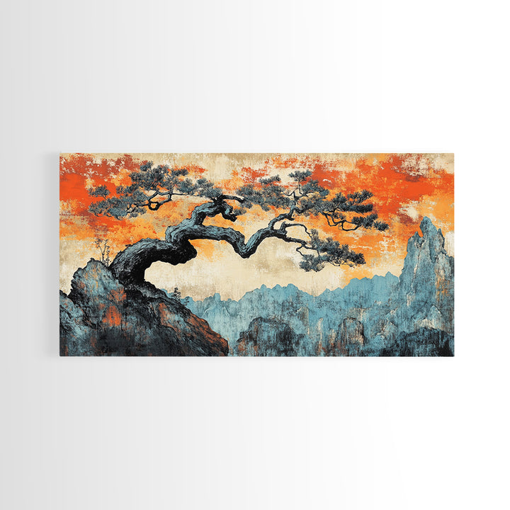 Windswept Pine Over Misty Blue Mountains Wall Art, Asian Landscape Print, Orange Sky Japandi Decor, Large Canvas Print Decor