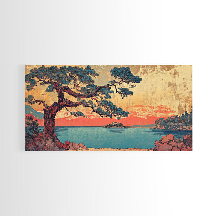 Coastal Pine Tree At Coral Sunset Framed Canvas Print, Japanese Seascape Wall Art, Teal Ocean Decor, Above Sofa Art Print