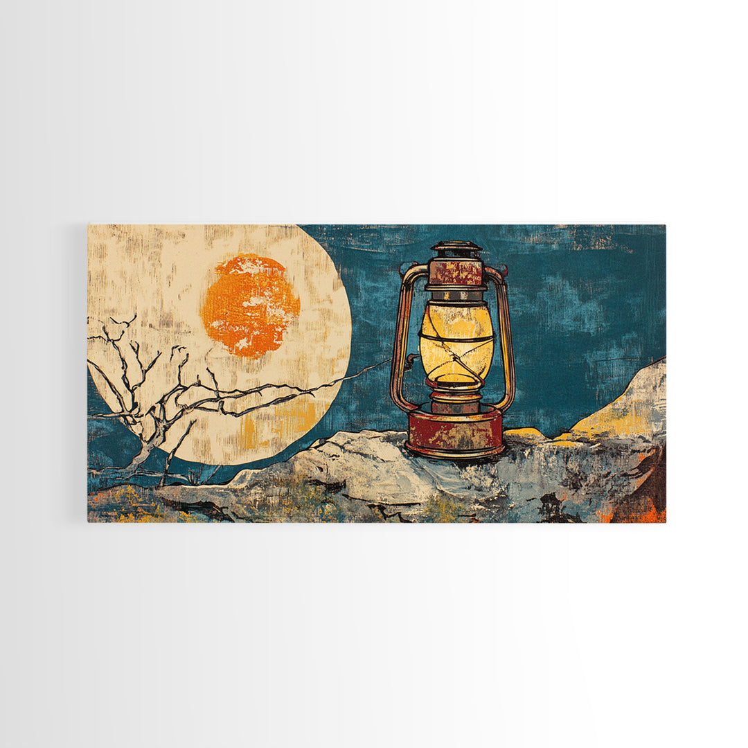 Rustic Lantern Beside Abstract Moon Wall Art, Teal Gold Night Sky Print, Celestial Decor, Wabi Sabi Canvas Print For Bedroom