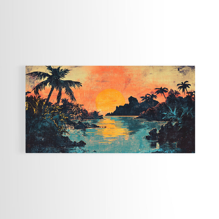 Tropical Lagoon Sunset With Palm Trees Canvas Print, Coastal Wall Art, Island Decor, Vibrant Beach House Living Room Art