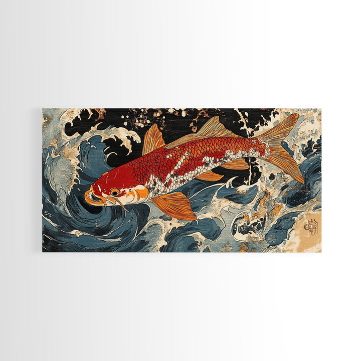 Red Koi Fish Swimming Through Stormy Waves Wall Art, Japanese Coastal Canvas Print, Nautical Living Room Decor Gift For Him