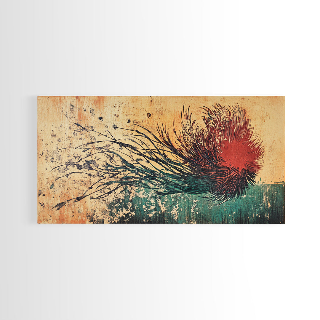 Red Windblown Botanical Flower Wall Art, Textured Japanese Canvas Print, Abstract Floral Living Room Decor, Home Decor Gift For Her
