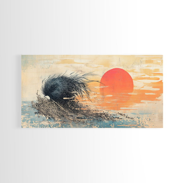 Black Abstract Wave And Red Sun Wall Art, Japanese Ocean Canvas Print, Minimalist Coastal Living Room Decor Gift For Him