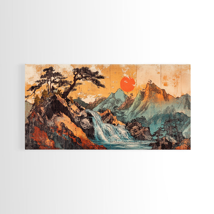 Mountain Waterfall With Red Sun Wall Art, Japanese Landscape Canvas Print, Rustic Nature Living Room Decor Housewarming Gift