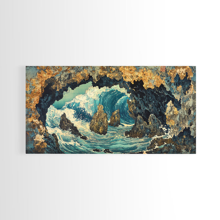 Crashing Ocean Wave Inside Rocky Cave Wall Art, Japanese Seascape Canvas Print, Coastal Nautical Living Room Decor Gift For Her