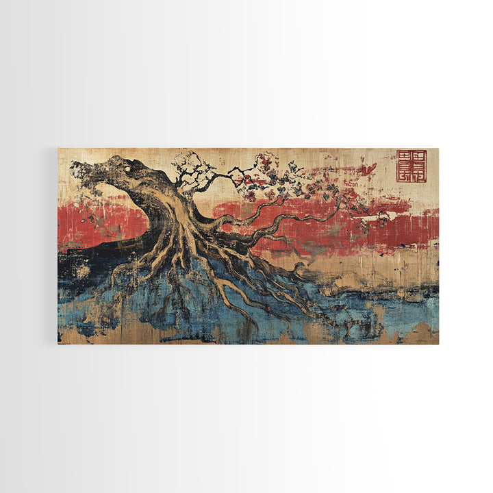 Ancient Tree Roots Over Blue Water Wall Art, Japanese Landscape Canvas Print, Zen Nature Decor And Rustic Home Decor Gift