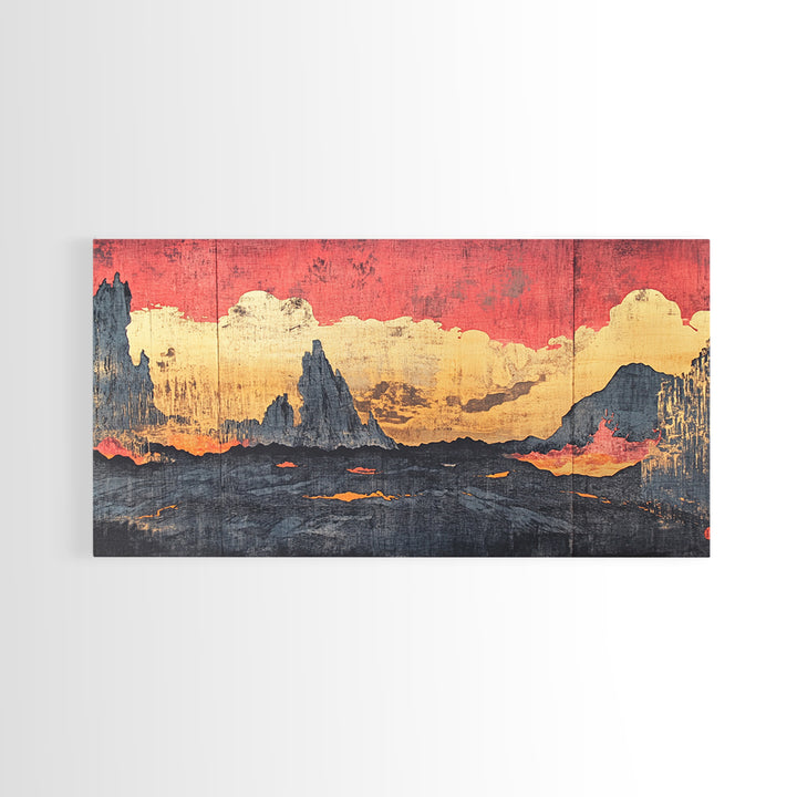 Red Sunset Clouds Over Dark Mountains Wall Art, Japanese Landscape Canvas Print, Moody Rustic Living Room Decor Gift For Him
